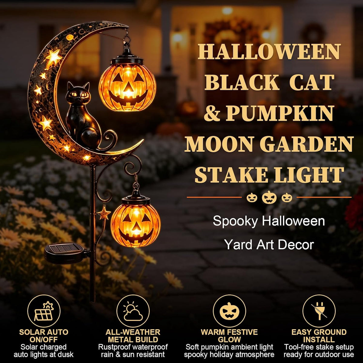 Solar Halloween Black Cat & Pumpkin Moon Garden Stake Light | Waterproof Metal Black Cat Yard Ornament, Auto On Off Solar Outdoor Light, Fall Halloween Decor Stake for Lawn Patio Pathway