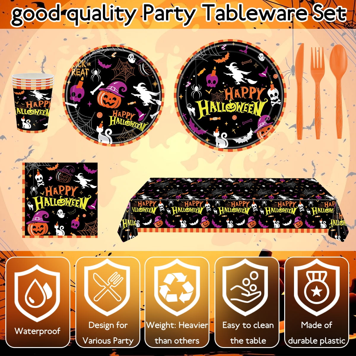 Halloween Paper Plates for Halloween Party Decoration Disposable Cups Napkins Table Cover for Halloween Banner Birthday Party Supplies Serve 20 Design 3