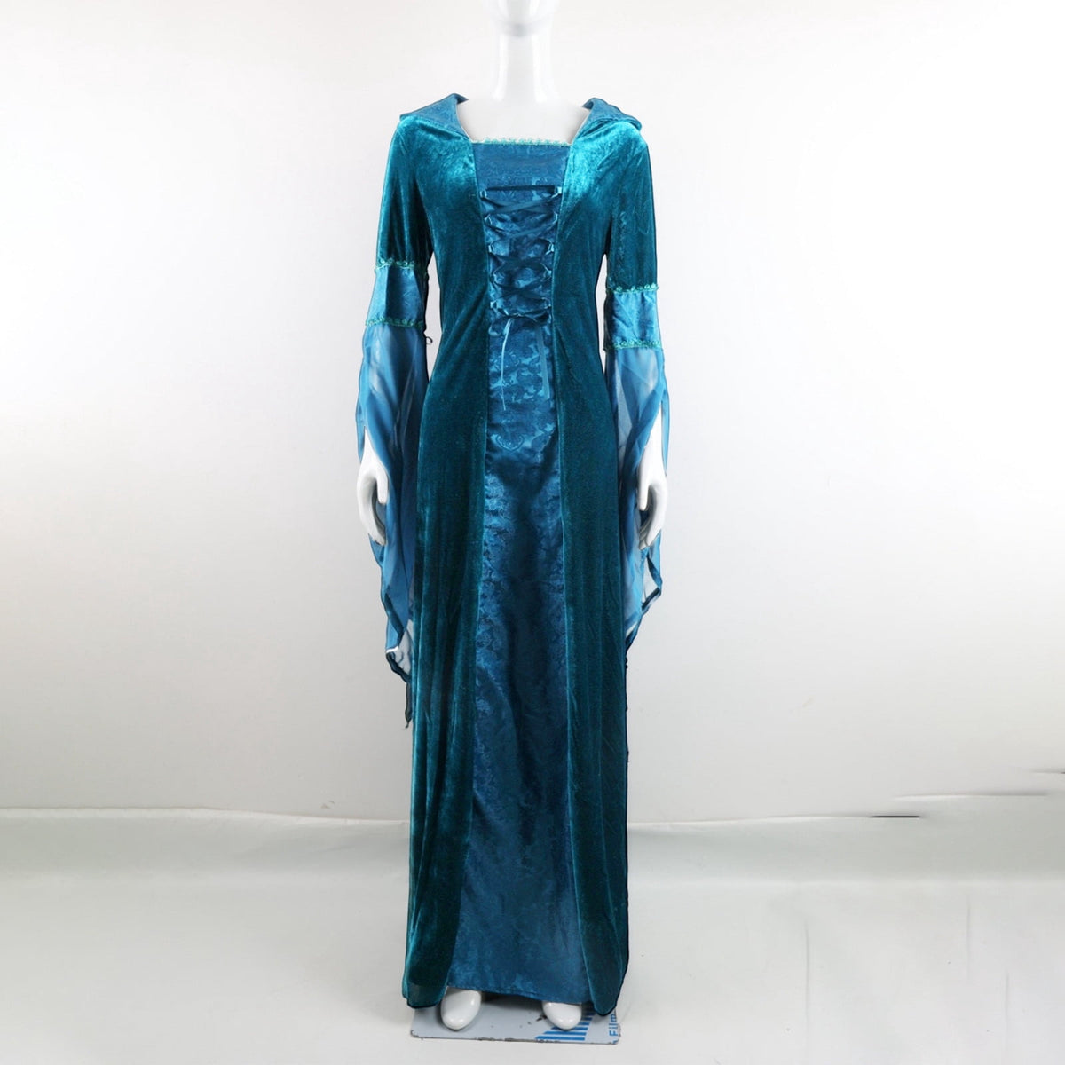 Women Gothic Cold Shoulder Midi Dress, Sheer Flare Bell Sleeve Front Corset Irregular Witch Costume Dress, Adult Halloween Dark Aesthetic Vintage Formal Evening Cosplay Party Outfit(Navy-2/M)