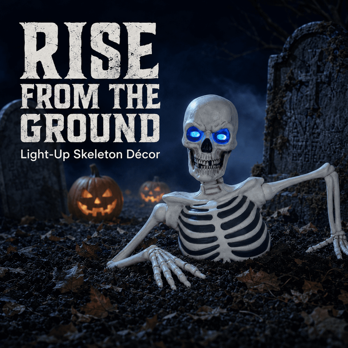 Ground Breaking Skeleton with LCD Glowing Eyes, Animated Halloween Prop Decoration, Spooky Yard Ornament for Lawn, Garden, Haunted House & Holiday Display, White