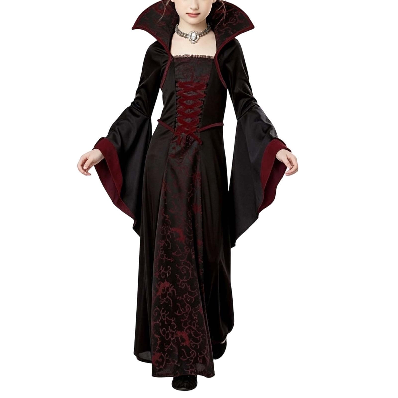DxhmoneyHX Girls Halloween Vampire Costume Medieval Gothic Long Flared Sleeve Witch Dress Classic Outfit for Festival Party 3‑13 Years