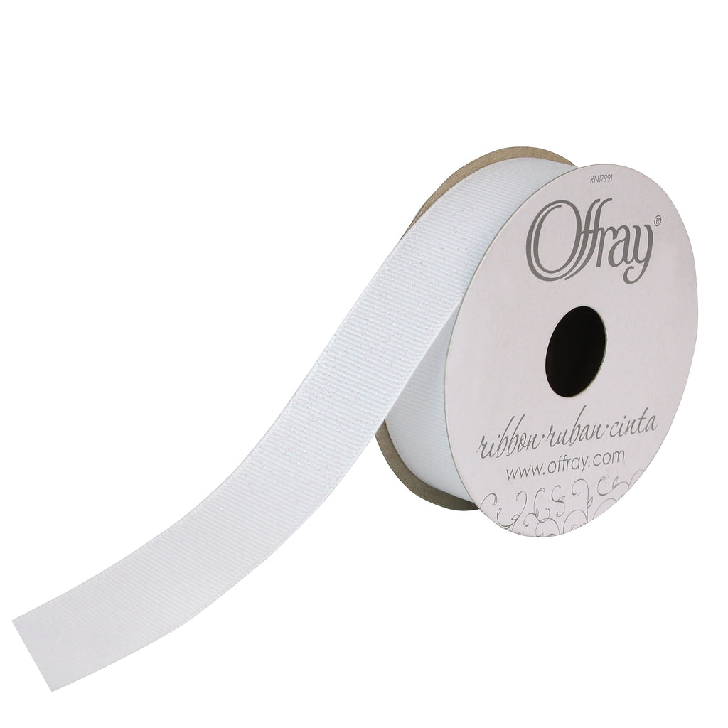 (2 pack) Offray Ribbon, White 7/8 inch Grosgrain Glitter Polyester Ribbon for Sewing, Crafts, and Gifting, 9 feet, 1 Each