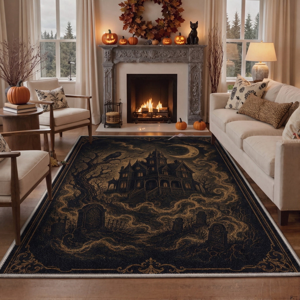 GENIMO 2'x7' Halloween Runner Rug, Washable Non Slip Soft Vintage Witch Indoor Outdoor Hallway Runner for Porch Patio Kitchen Entryway, Retro Sepia