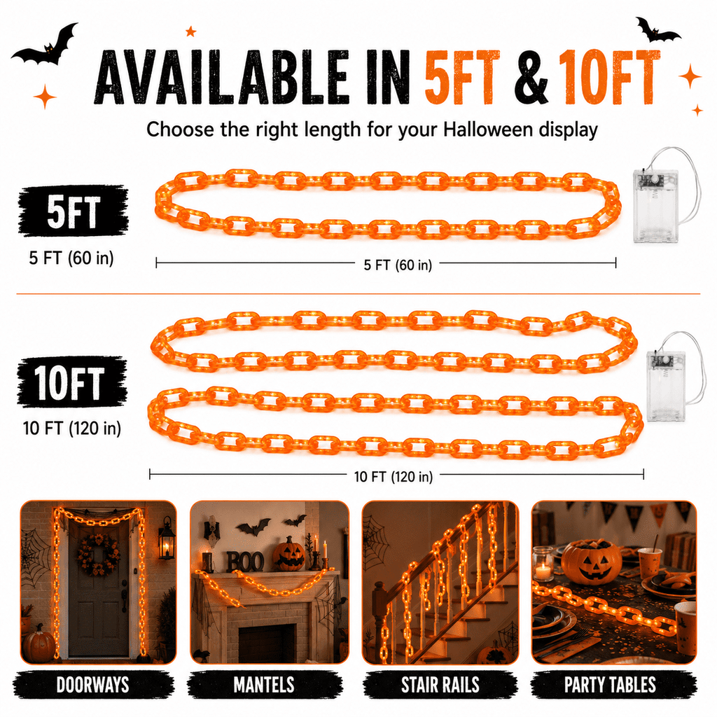 DAKIMOE Halloween Decoration Chain String Lights Orange Light Up Plastic Chain Decoration 10FT Long Glowing Link Chain for Haunted House Party Porch Yard Door Indoor Outdoor Halloween Decor