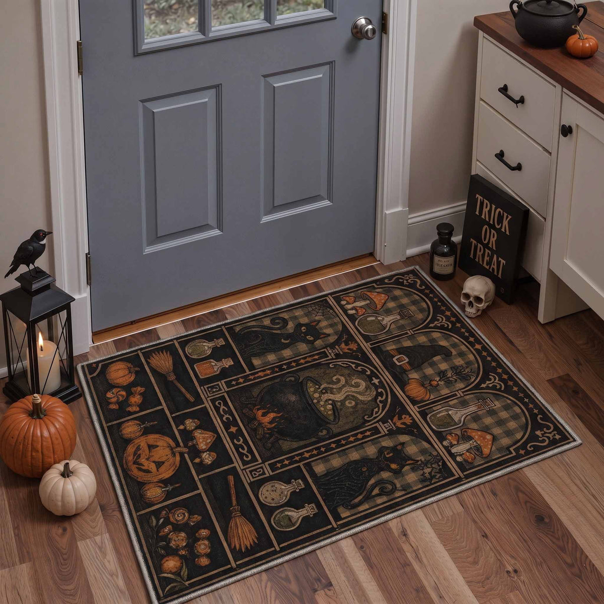GENIMO 2'x3' Halloween Doormat, Washable Non Slip Soft Whimsical Cat Outdoor Door Mat for Front Door Covered Porch Patio Entryway, Rustic Black