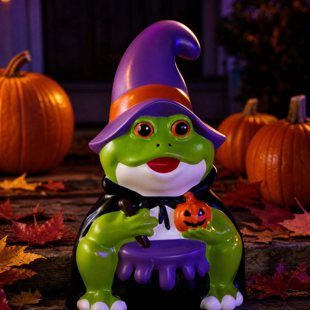 QLUEWX Halloween Witch Frog Blow Mold, Green Witch Hat Frog Figure with Lighted Blow Mold Style, Light Up Frog Statue for Porch Yard Haunted House Indoor Outdoor Home Halloween Decoration