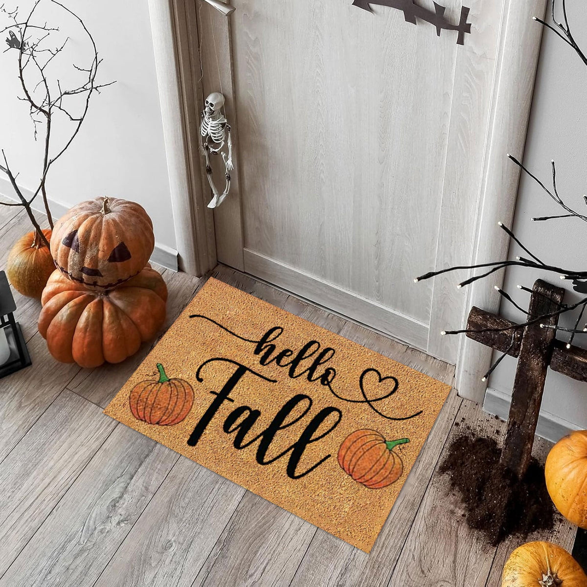 Uanit Fall Coir Doormat Welcome Pumpkins Door Mat Non-Slip Farmhouse Floor Mats Autumn Decorative Entrance Door Rugs for Halloween Thanksgiving Indoor Outdoor Bathroom Porch Decor, 15.7 x 23.6 Inch