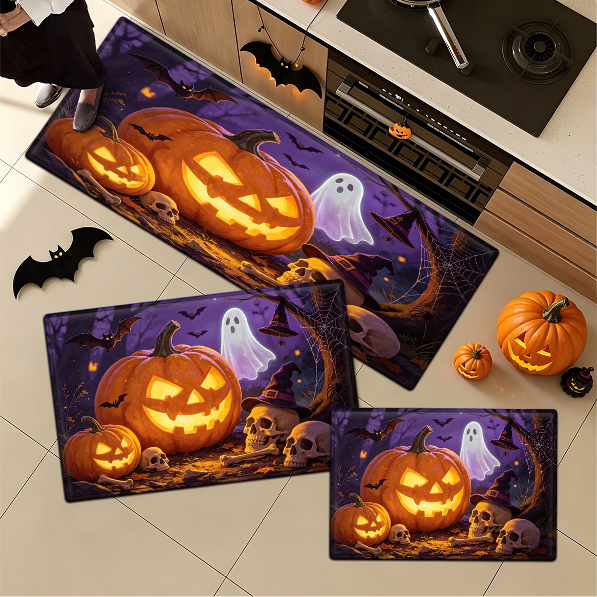 YIMEIS Halloween Pumpkin Lantern 3Pcs Flannel Mat & Kitchen Rugs Set,16''×24'' 20''×30'' 17''×47'' Inches,Soft Non-slip for Home Bathroom