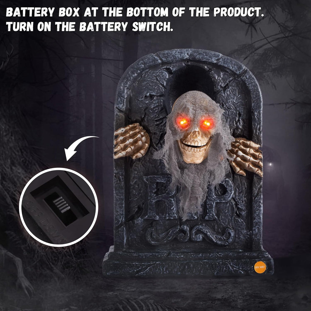 ELAMAS Halloween Animated Zombie Tombstone - Animatronic Skeleton Decorations with Sensor Activated, Creepy Voice, Spooky Skull head, Light Up Eyes, Scary Motion, Horror Prop for Indoor/Outdoor