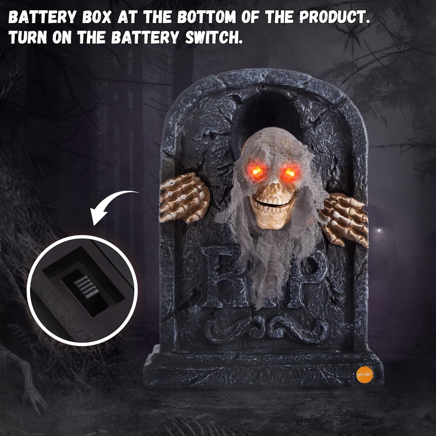 ELAMAS Halloween Animated Zombie Tombstone - Animatronic Skeleton Decorations with Sensor Activated, Creepy Voice, Spooky Skull head, Light Up Eyes, Scary Motion, Horror Prop for Indoor/Outdoor