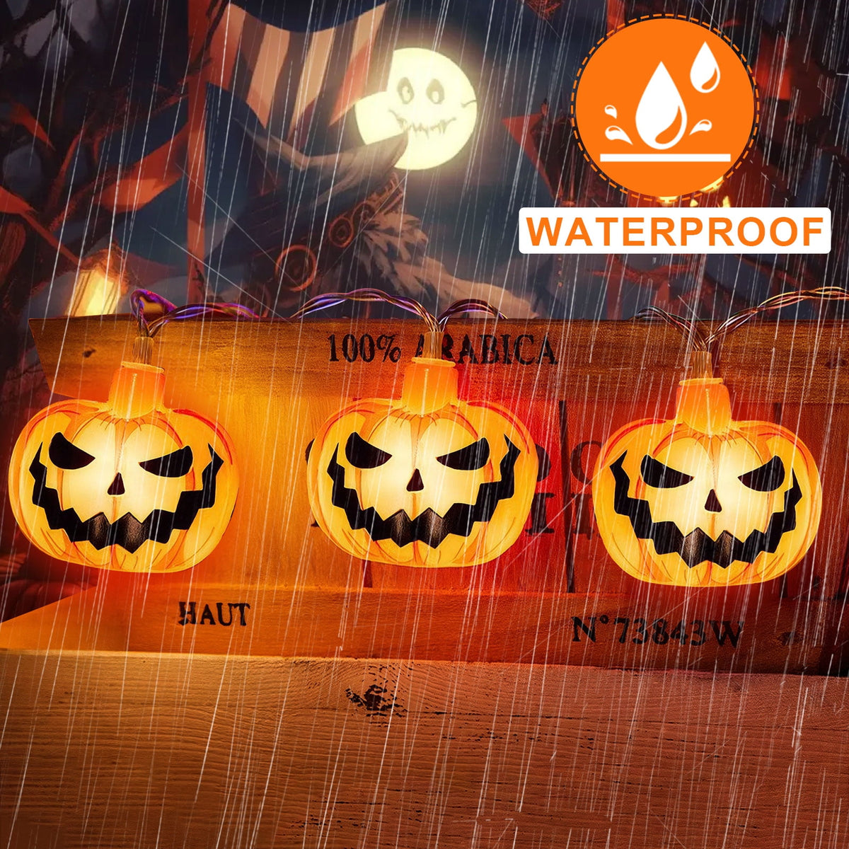 Qoosea Halloween Pumpkin String Lights, 20 LED 10.5ft 8 Modes Waterproof Orange Halloween Decorations Outdoor Indoor Bedroom Camper Party Decor