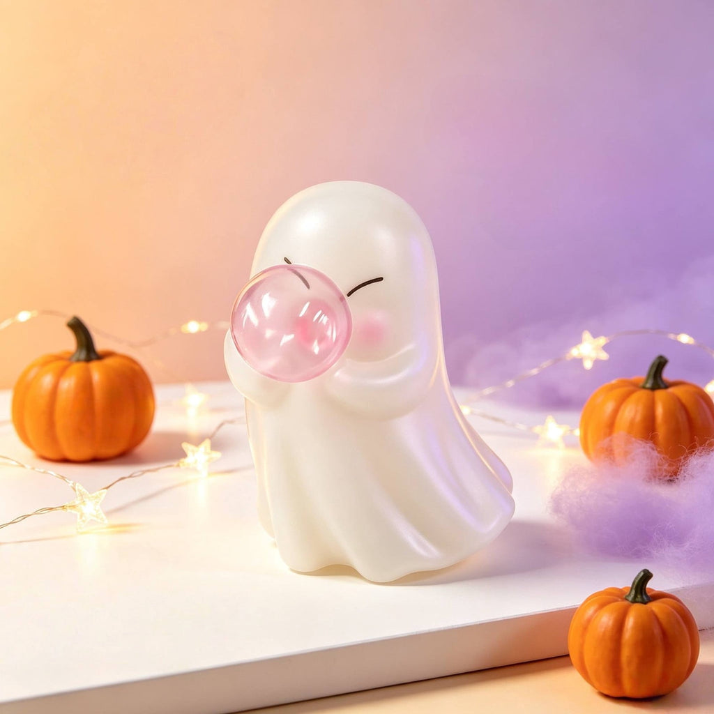 Pink Halloween Decor Ghost Candy Bowl Figurine with Bow and Scalloped Holder for Indoor Tabletop Decor and Party Favor Display