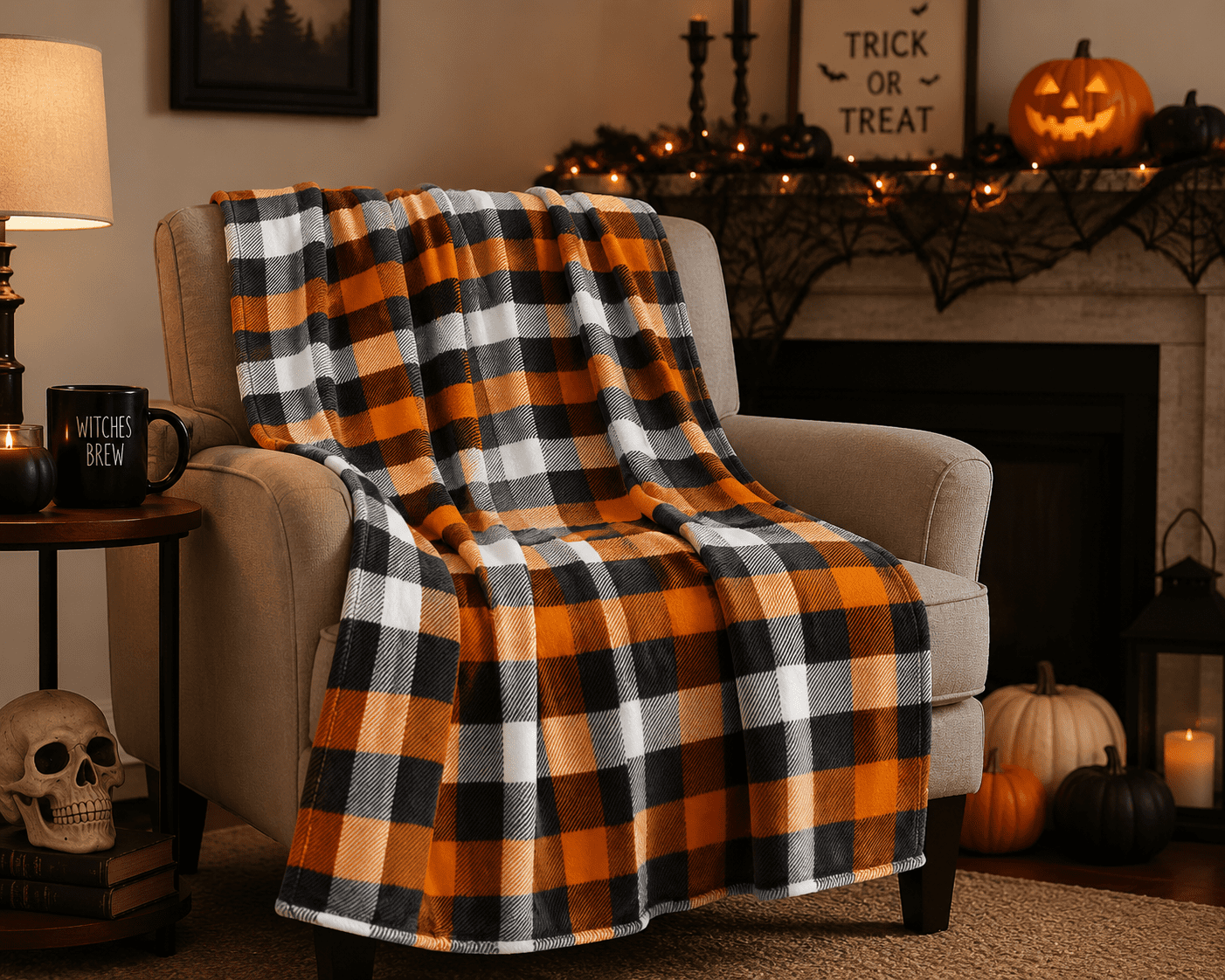 Serafina Home Halloween Throw Blanket: Fuzzy Boo! Jack O'Lantern Spider Webs Skull and Black Cats Print on Velvet Fleece for Sofa Bed Couch Chair Dorm