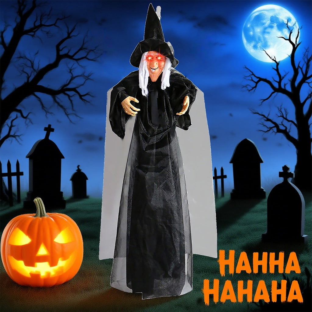 BinKFF Life Size Hanging Talking Witch - Animated Halloween Witch with Sound Activation and Red Eyes for Outdoor & Indoor Decor - Flying Animatronic Witch for Halloween Decorations