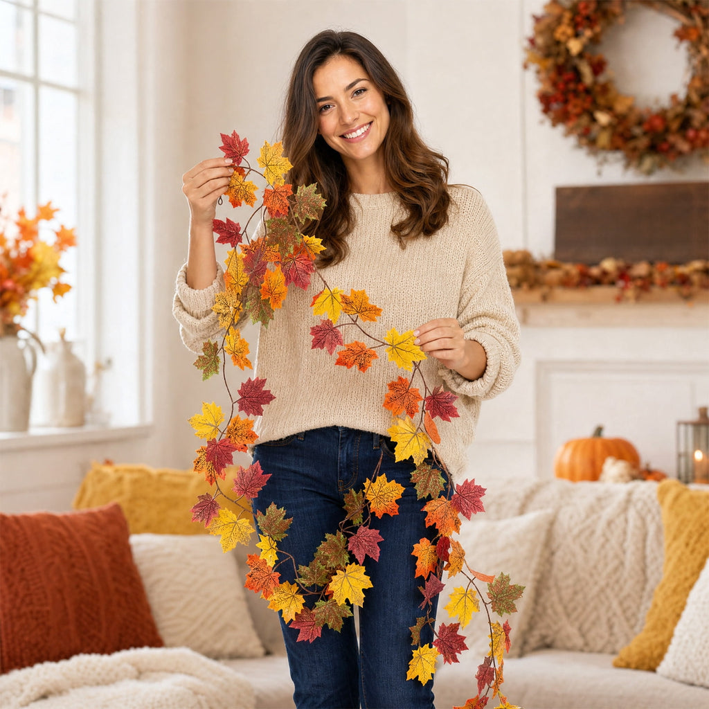 WKSCLPAI Halloween Maple Leaf Garland, Fall Vine Wreaths for Autumn Festivities Decor,Seasonal Garlands for Home,Halloween & Fall Decorations