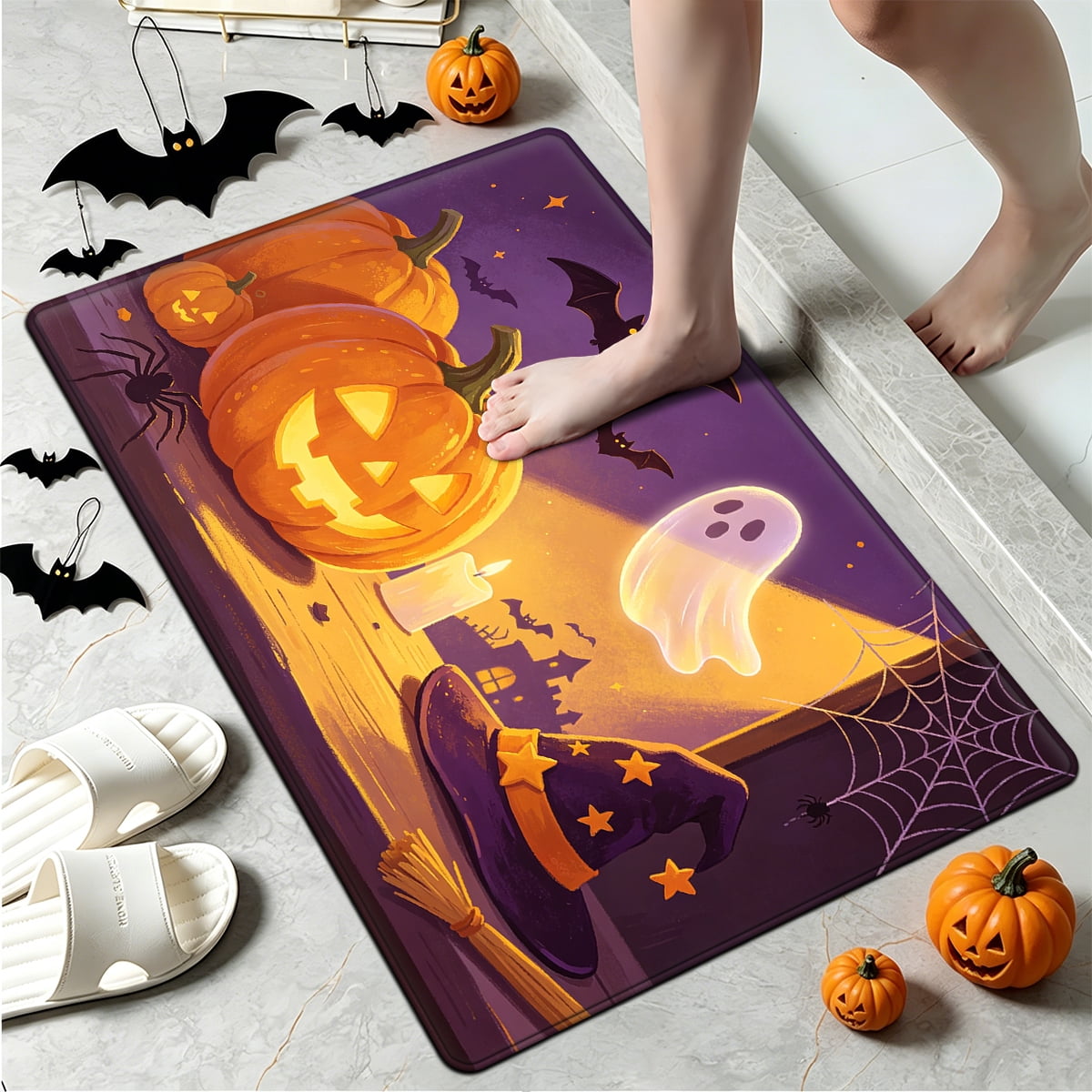YIMEIS Halloween Pumpkin Lantern 3Pcs Flannel Mat & Kitchen Rugs Set,16''×24'' 20''×30'' 17''×47'' Inches,Soft Non-slip for Home Bathroom