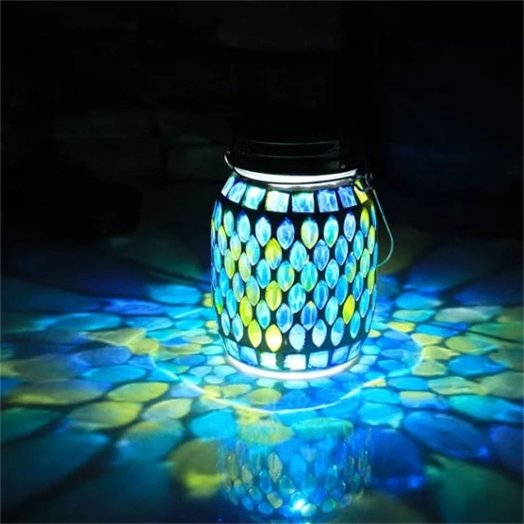 Hanging Solar Lantern,Solar Jar Light,Outdoor Waterproof Mosaic Glass Hanging Solar Lantern for Garden,Decorative Solar Lamp LED Night Light for Backyard(Blue 6*4.5in)