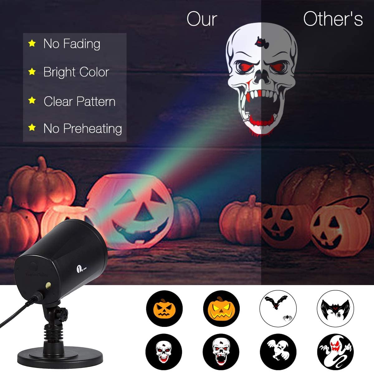 1byone Halloween Led Pattern Projection Lights Auto-Shifting Images & Switchable Pattern Outdoor/Indoor Use, IP65 Water-Resistant, High Resolution Graphics