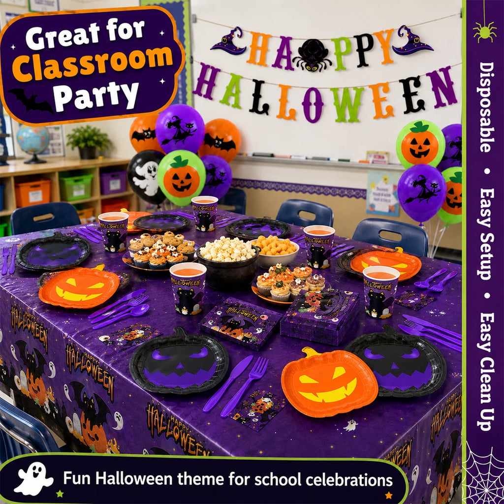 Halloween Paper Plates for Halloween Party Decoration Disposable Cups Napkins Table Cover Balloons Banner for Halloween Birthday Party Supplies Serve 20 Design2