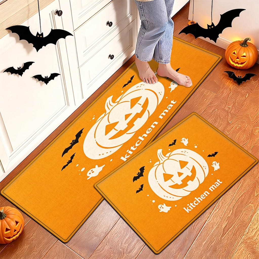 YIMEIS Halloween White Pumpkin Multi-purpose 3-Piece Flannel Mat and Kitchen Rugs,Soft Non-slip for Home Bedroom Bathroom
