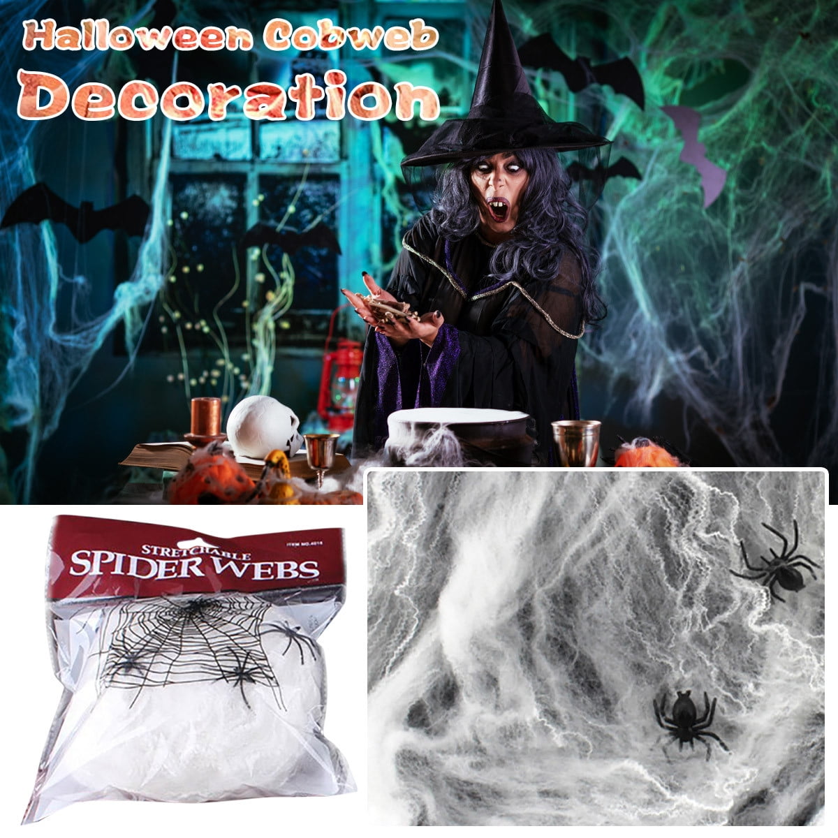 TERGAYEE Spider Web Decor,Luminous Spider Cotton, Super Stretch Cobwebs Creepy Halloween Indoor Outdoor Party Supplies, Halloween Decoration Venue Layout