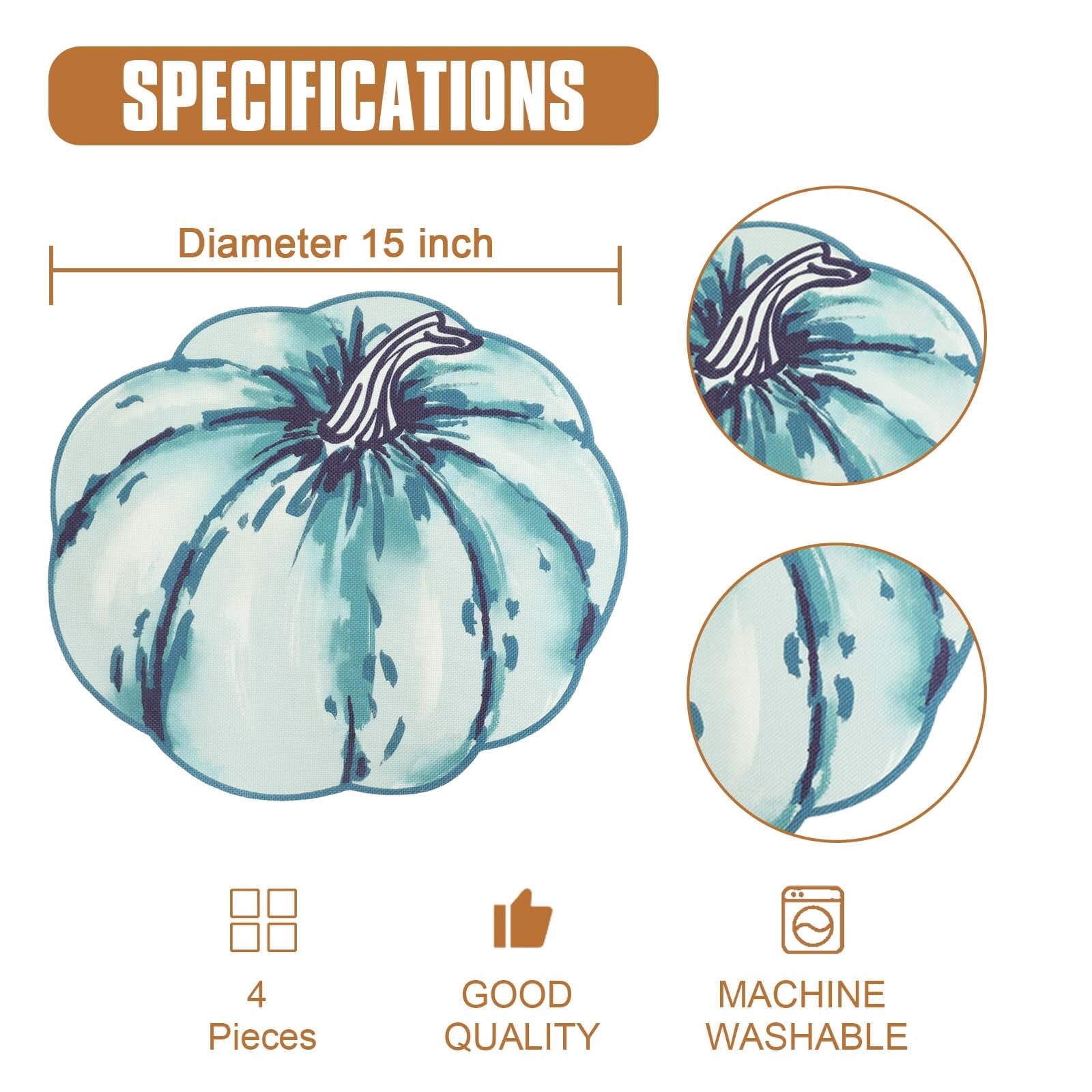 OVZME 4PCS Fall Placemats, Autumn Printed Pumpkin Place Mats for Kitchen Dining Table, Thanksgiving Harvest Halloween Holiday Decor Placemat, Water-Proof, Each 13" x 15", Dark Blue