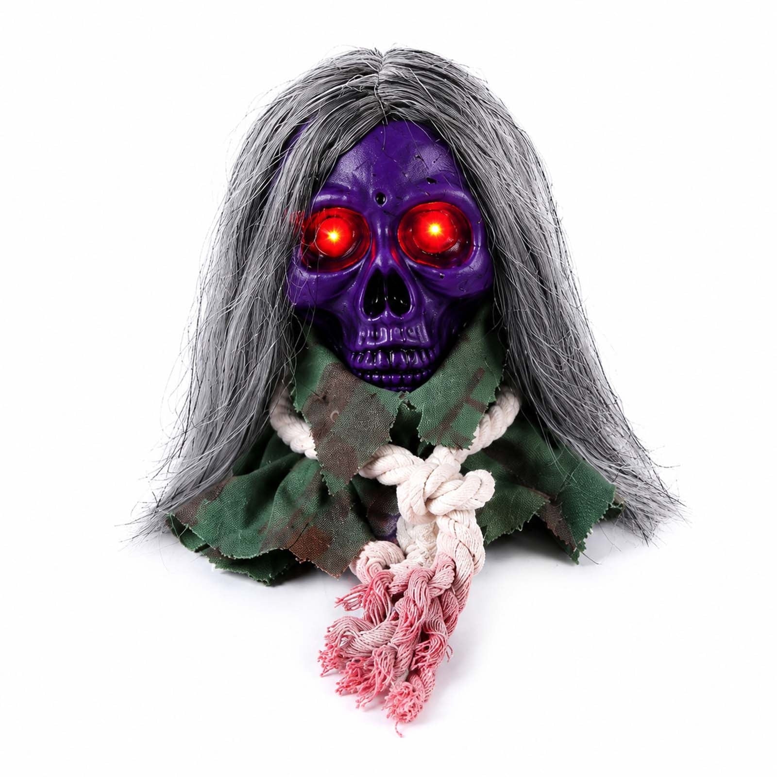 Moving Long Hair Hanging Skull Head Prop, Creepy Animated Halloween Skeleton Decor, Spooky Ornament for House, Party, Indoor Outdoor (Batteries Not Included)