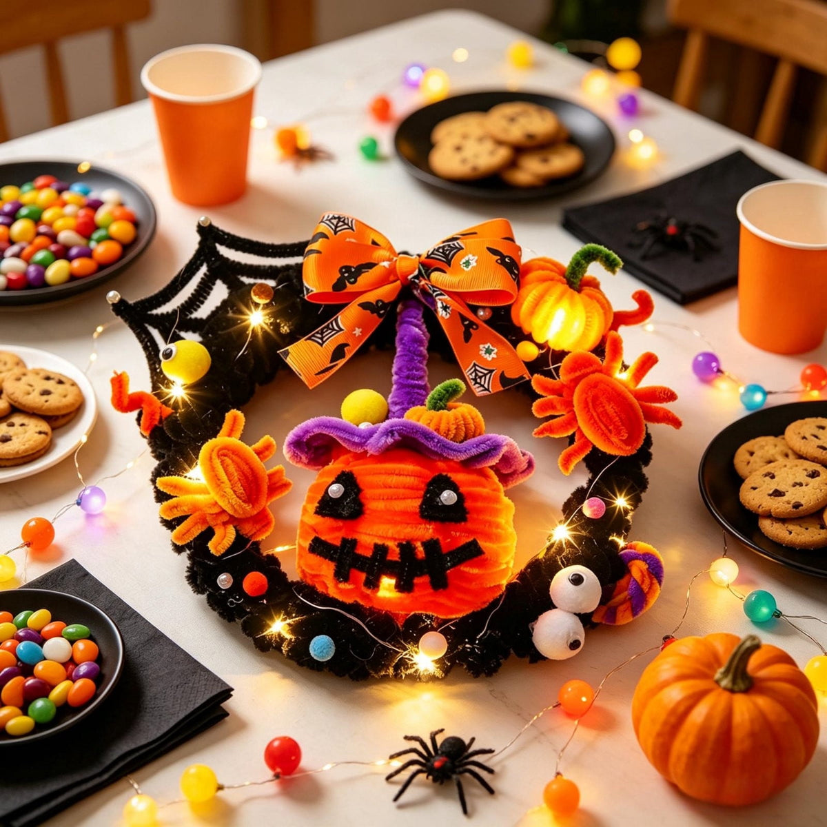WWC Halloween Wreath, Orange LED Pumpkin and Bats Wreath, Gothic Halloween Decorations Wreath for Front Door, Indoor Outdoor Party Decor