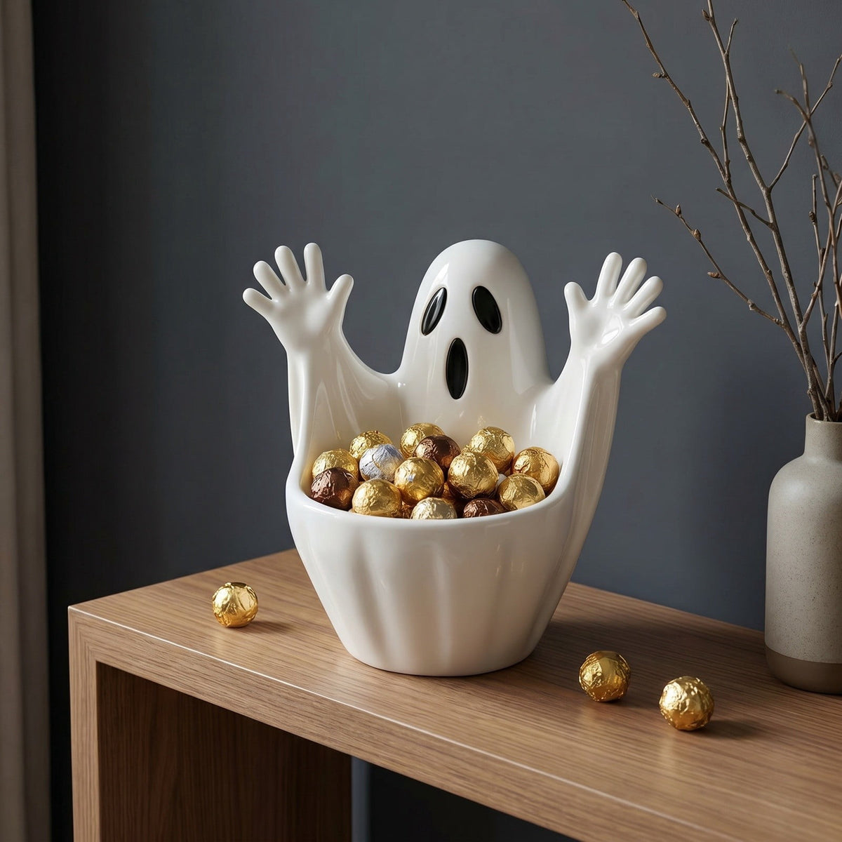 Diceymbol Halloween Pumpkin Snack Bowl Stand Collapsible Broomstick Candy Tray for Cupcakes & Desserts, Resin Serving Platter with Ceramic Pumpkin Bowls