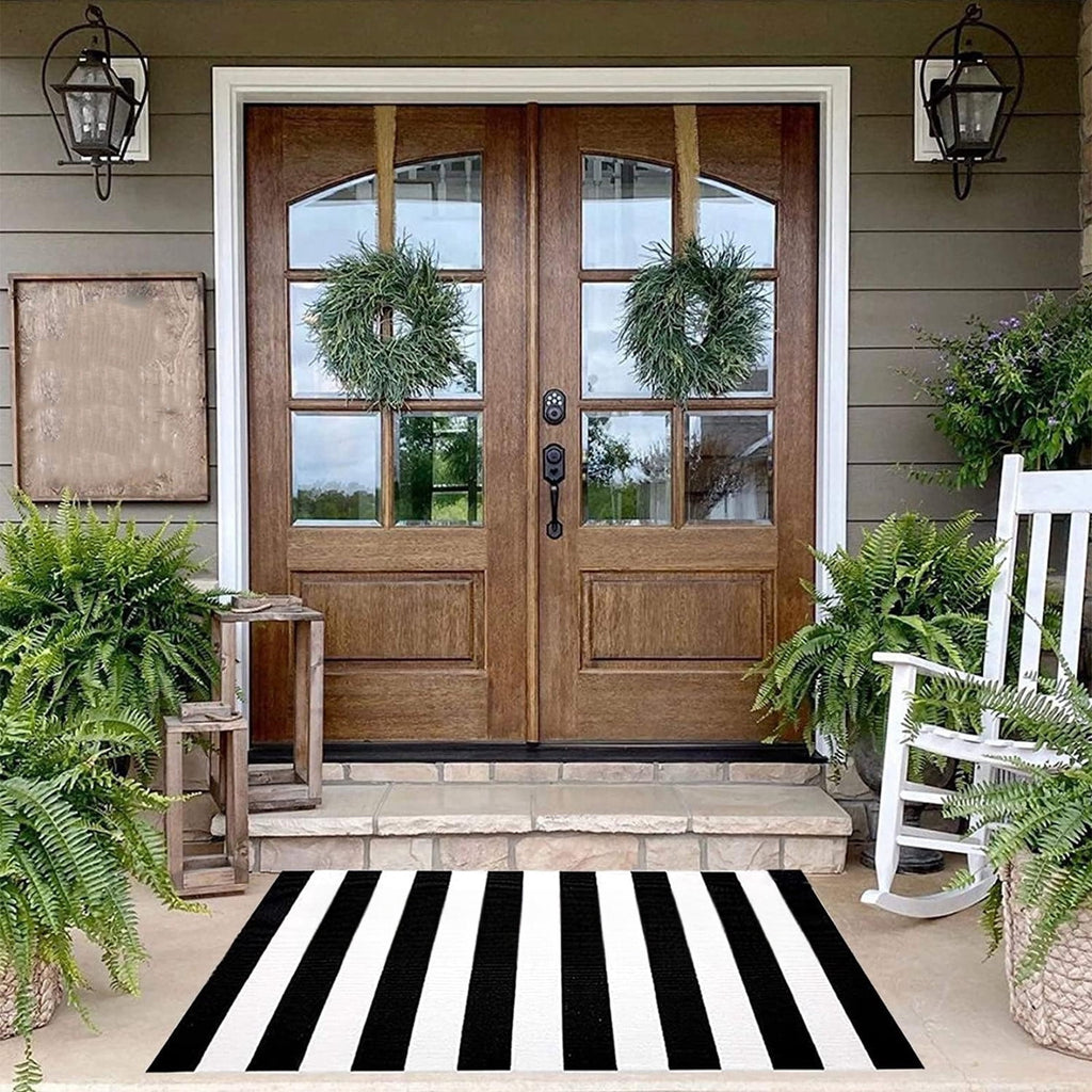 JOGZMZ Fall Outdoor Rug Halloween Rug Thanksgiving Decor Rug New Stripe Outdoor Rug Layered Doormats for Front Door Porch Farmhouses Entryway Patio Dark Color Rug 16×24 in
