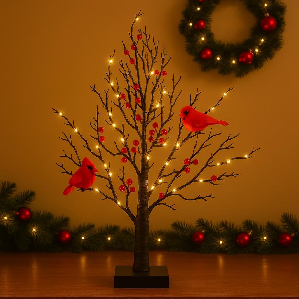 Vintage Glowing Cardinal Tree with Berries, Moving Cardinals Tree with LED Lights, Little Red Bird Trees Light, for Christmas, Halloween Tabletop Indoor Office Decorations