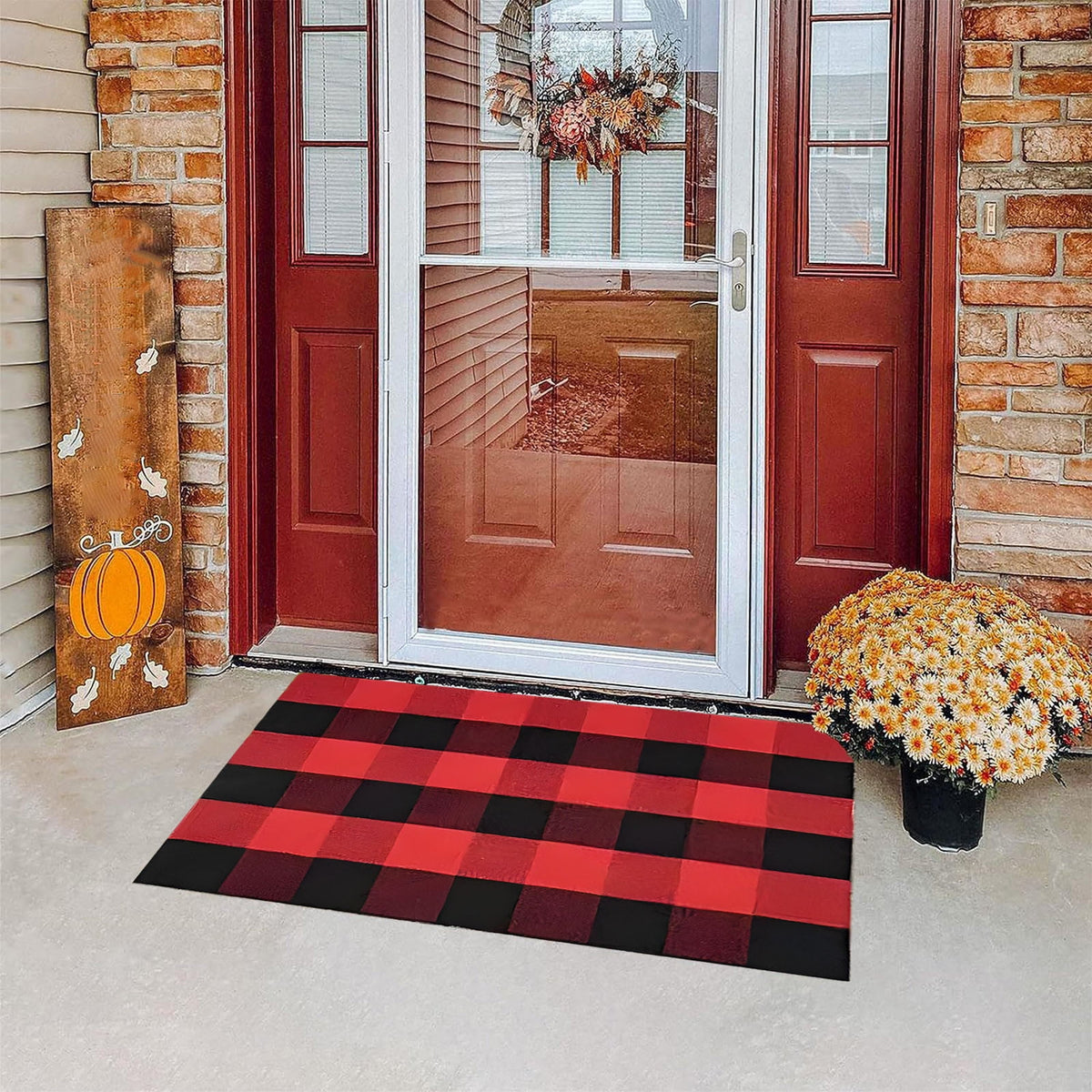 Taicans Fall Outdoor Rug,Buffalo Plaid Rug Red & White Striepd Rug Front Door Mat Halloween Thanksgiving Fall Autumn Home Decor,Welcome Doormat for Front Door,Farmhouse Decor,23.6 x 15.7 Inch