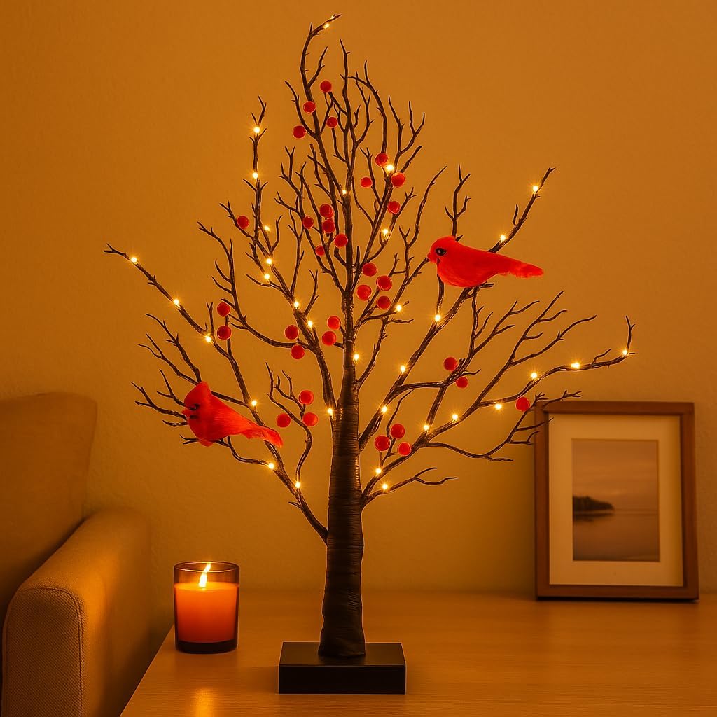 Vintage Glowing Cardinal Tree with Berries, Moving Cardinals Tree with LED Lights, Little Red Bird Trees Light, for Christmas, Halloween Tabletop Indoor Office Decorations