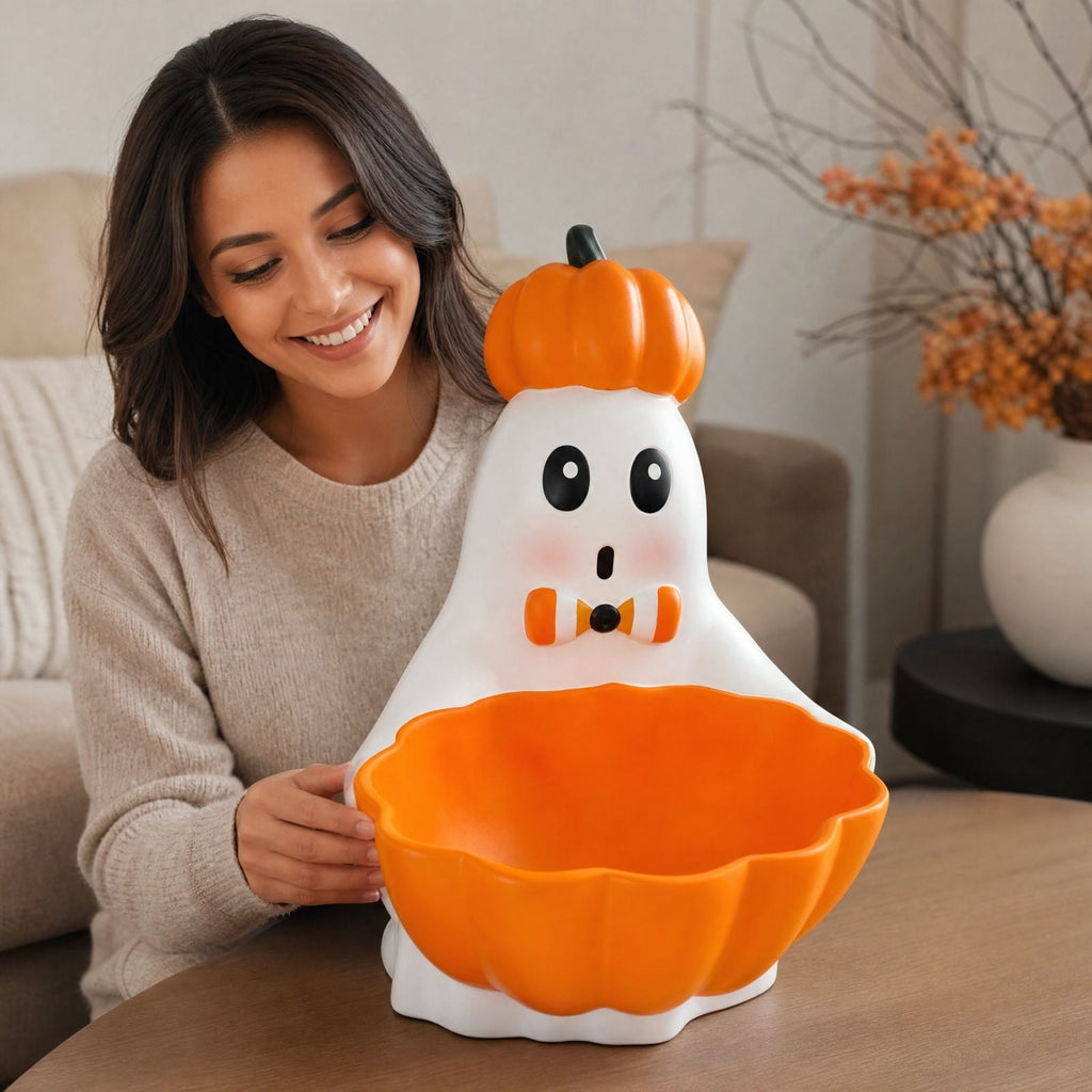 Diceymbol Halloween Pumpkin Snack Bowl Stand Collapsible Broomstick Candy Tray for Cupcakes & Desserts, Resin Serving Platter with Ceramic Pumpkin Bowls