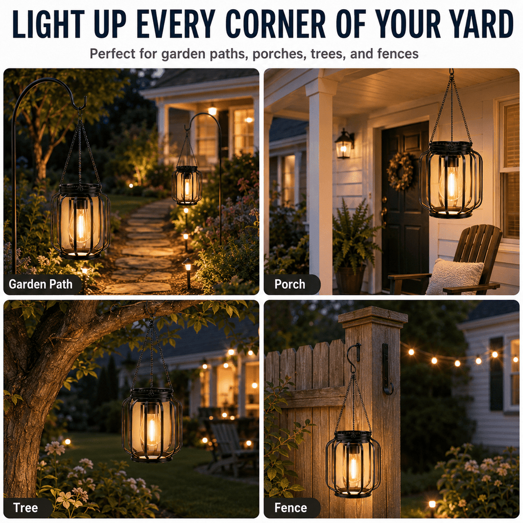 Diigabo 2-Pack Solar Hanging Lanterns Outdoor Metal Waterproof LED Lights with Hook Warm Bright Decorative Lanterns for Yard Garden Patio