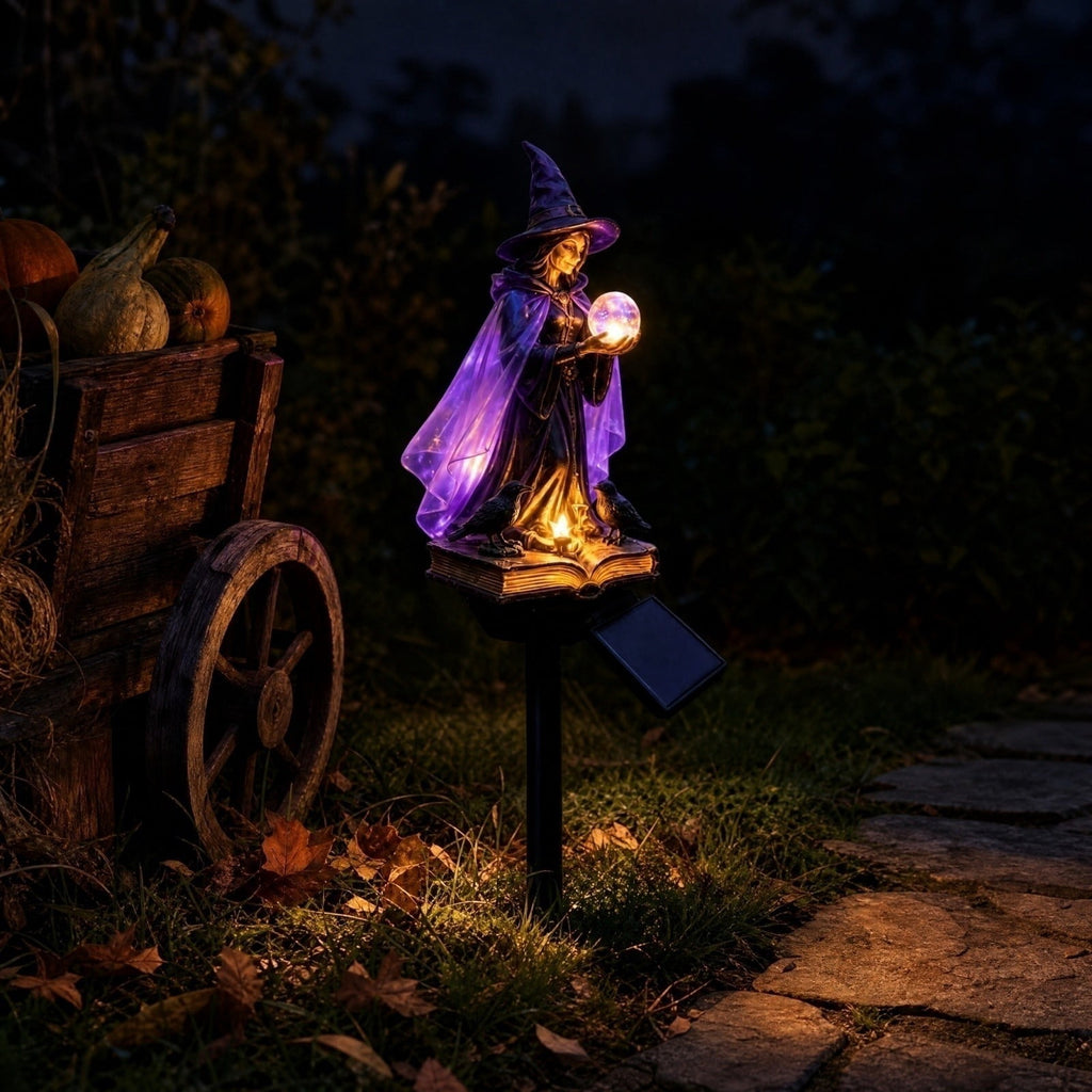 Halloween Witch Cauldron Garden Light, Solar Powered Halloween Projector Outdoor Decoration with Flying Witch and Lighted Cauldron, Witch Light Stake for Lawn Garden Porch Yard Decor, Style D
