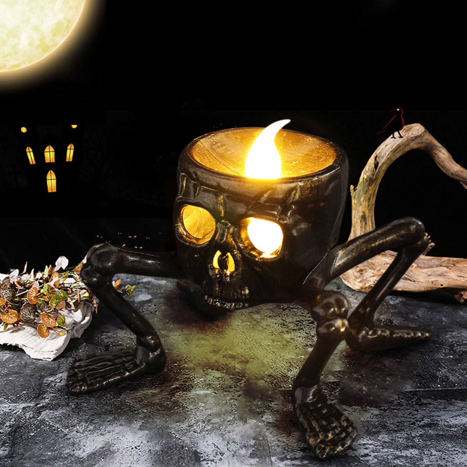 Elainilye Halloween Decorations Indoor Outdoor, LED Flameless Skull Candle Lamp, Battery Operated Halloween Decorations for Home Table Indoor Party Decor, Black
