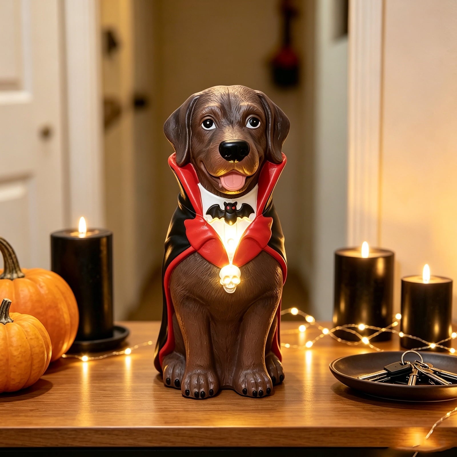 Halloween Dog Greeter - Frenchie 7.9in Resin Witch Dog with Light-Up Pumpkin, Spooky Fall Decor, Indoor Outdoor Tabletop Decoration