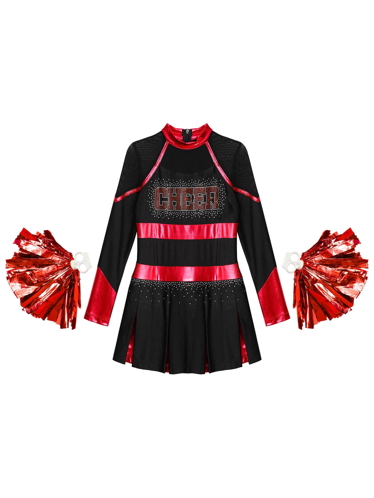 YEAHDOR Cheer Team Uniform for Schoolgirls Cheerleading Outfit Carnival Masquerade Costume Dress with Hand Flower Balls Black&Red 14