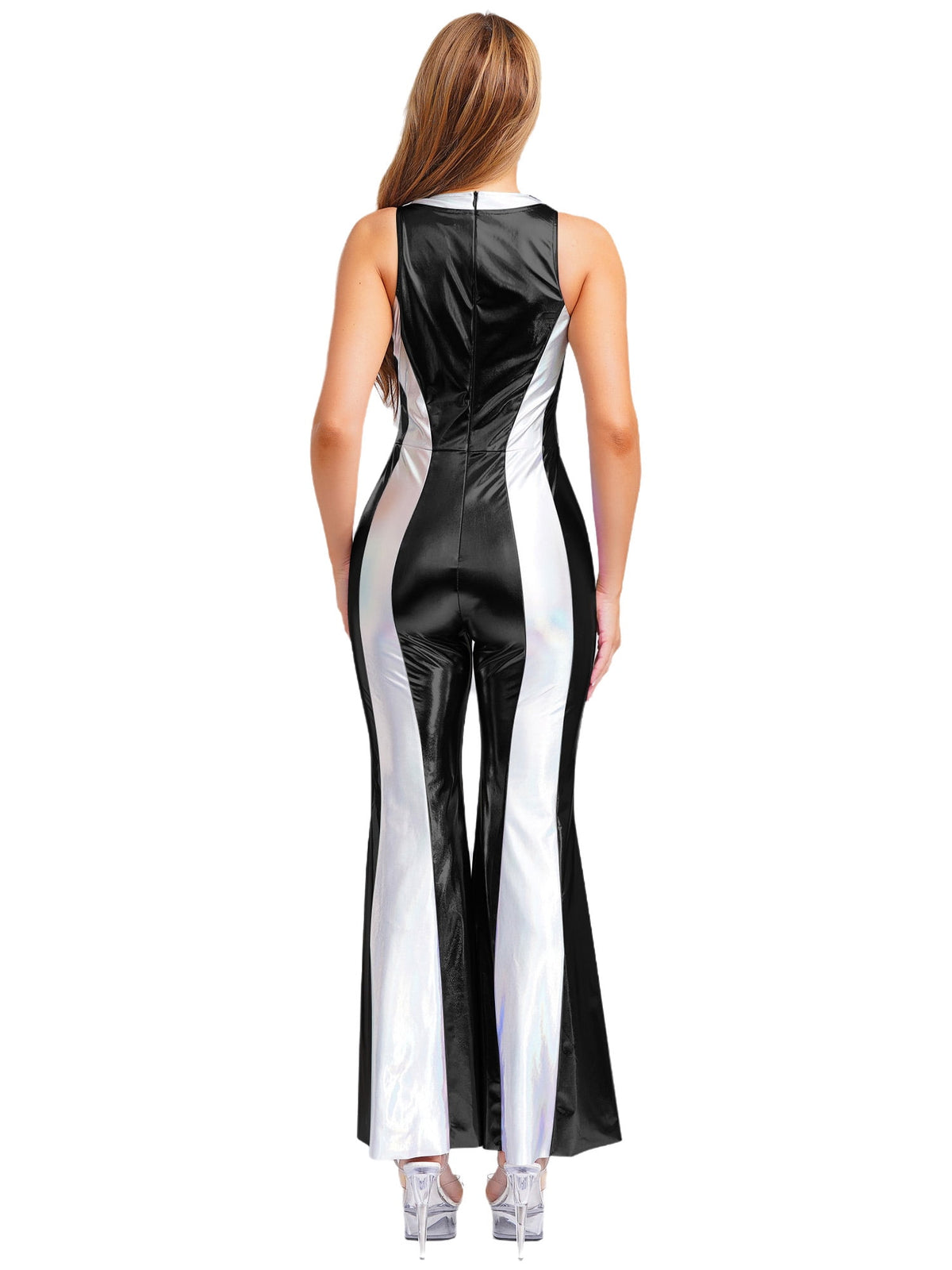 YiZYiF Womens 70s 80s Disco Costume Shiny Metallic Flared Pants Jumpsuit for Dance Party Halloween Gold S