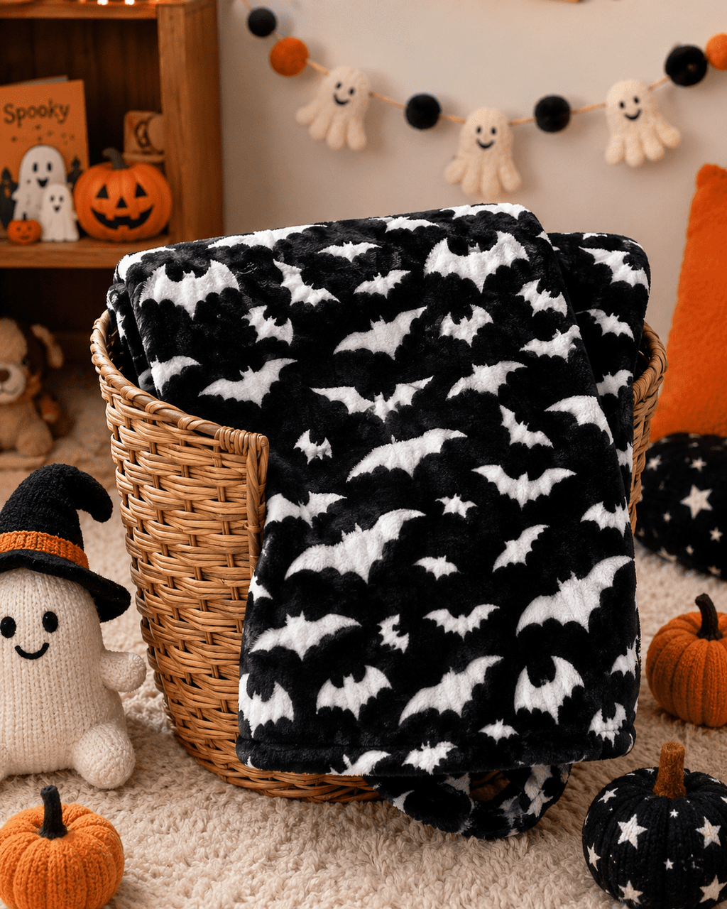 Serafina Home Halloween Throw Blanket: Fuzzy Boo! Jack O'Lantern Spider Webs Skull and Black Cats Print on Velvet Fleece for Sofa Bed Couch Chair Dorm