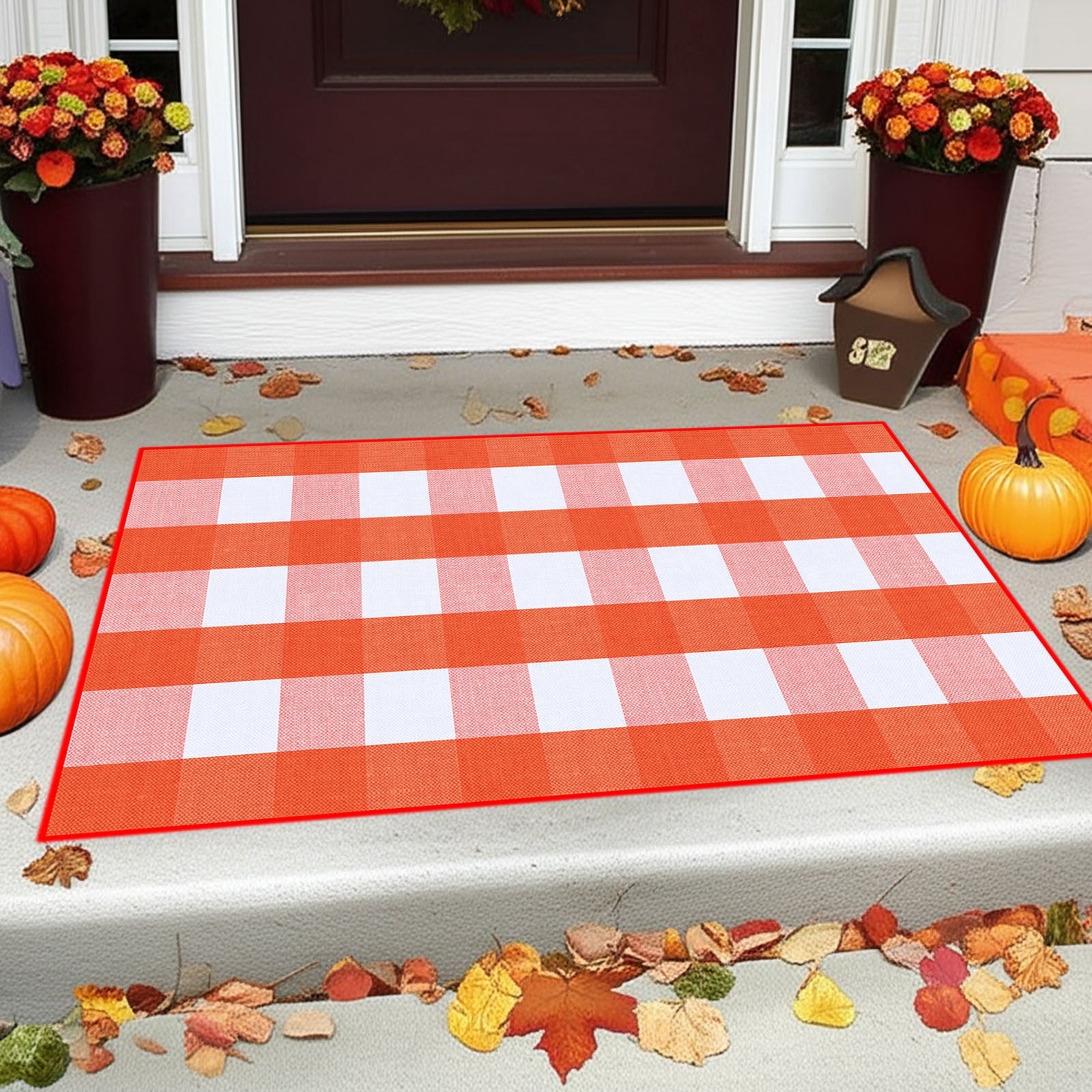 Halloween Fall Outdoor Rug Plaid Rug Foldable Floor Mat for Thanksgiving Front Door Front Porch Farmhouse Entryway Patio Decoration
