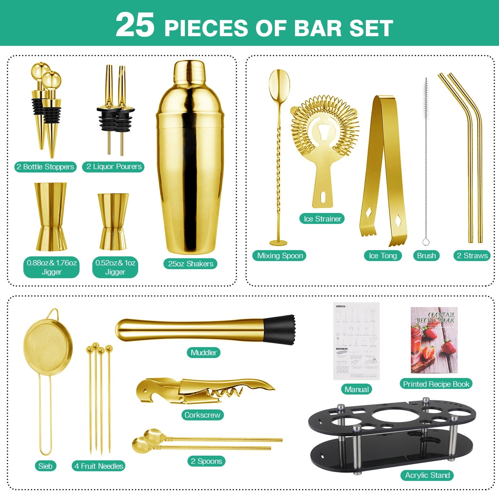 Biemlerfn 25-Piece Cocktail Shaker Set, Mixology Bartender Kit with Acrylic Stand Stainless Steel Bar Tools, Full Bartender Accessories and Recipe Book
