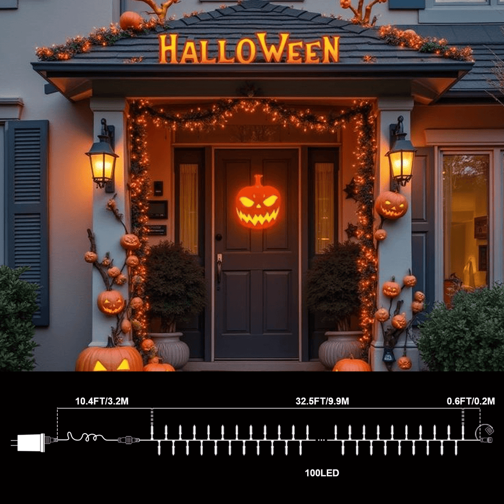 LAMPHOME Orange Halloween String Lights Outdoor, 32.5FT 100 LED Waterproof Christmas Lights with 16 Lighting Modes for Halloween Garden Party Christmas Xmas Tree Lights Decor