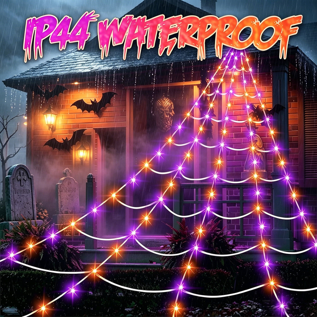 DAYBETTER Halloween Spider Web Lights, 5FT Giant Spider, 250 LED Holiday Lights, Remote Control Waterproof for Indoor Outdoor Yard Party Halloween Decorations (Purple & Orange)