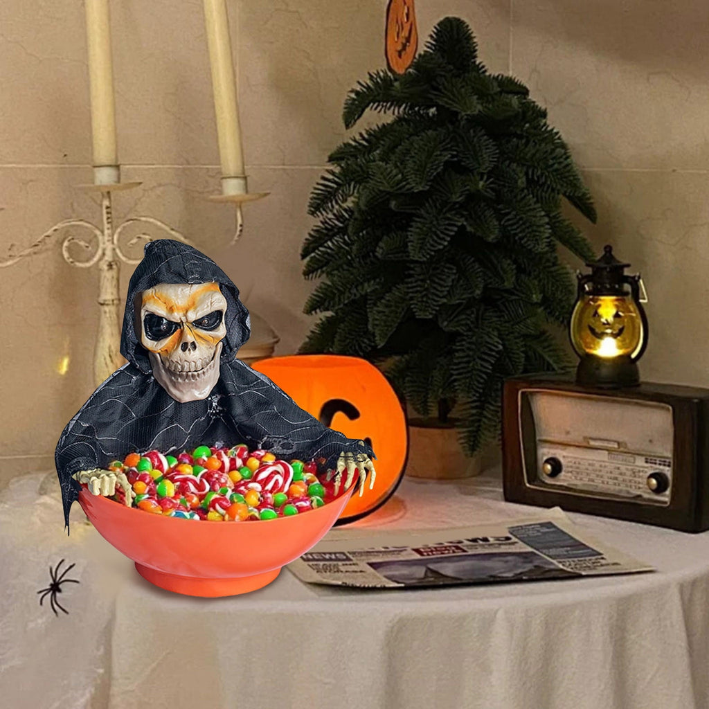 Animated Halloween Candy Bowl - Motion-Activated Skull with LED Eyes & Sound - Screaming Trick or Treat Candy Dish for Prank Decor