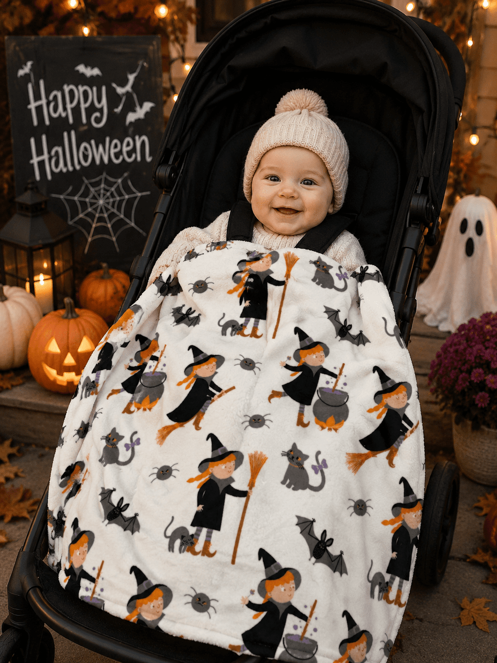 Serafina Home Halloween Throw Blanket: Fuzzy Boo! Jack O'Lantern Spider Webs Skull and Black Cats Print on Velvet Fleece for Sofa Bed Couch Chair Dorm