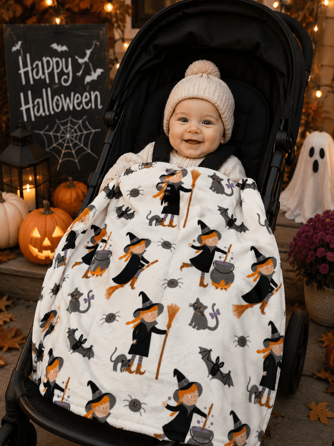 Serafina Home Halloween Throw Blanket: Fuzzy Boo! Jack O'Lantern Spider Webs Skull and Black Cats Print on Velvet Fleece for Sofa Bed Couch Chair Dorm