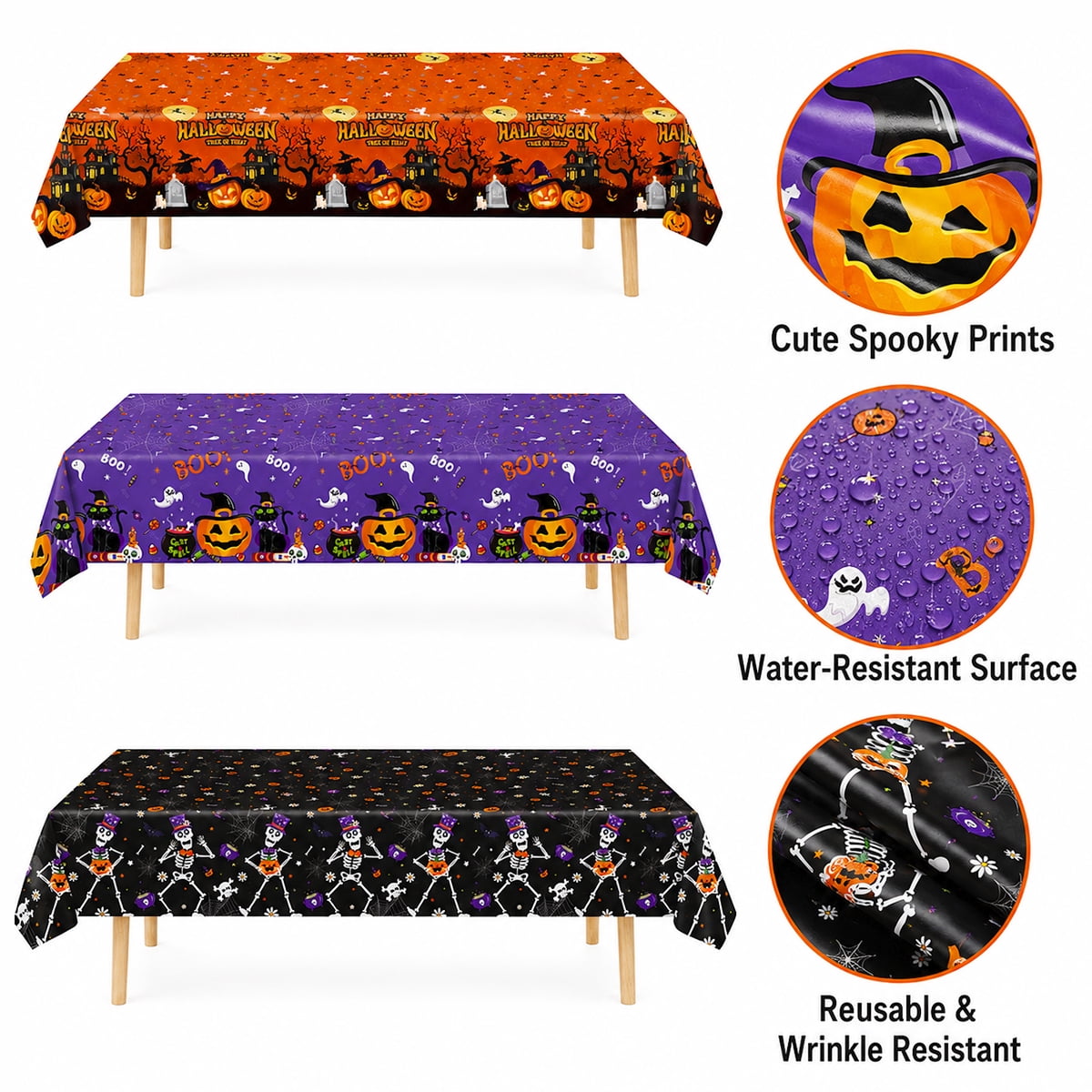 Halloween Tablecloth Decorations Halloween Party Supplies Plastic Disposable Rectangle Tablecovers Skeletons Ghosts Pumpkin Table Décor 3Pcs Design 2