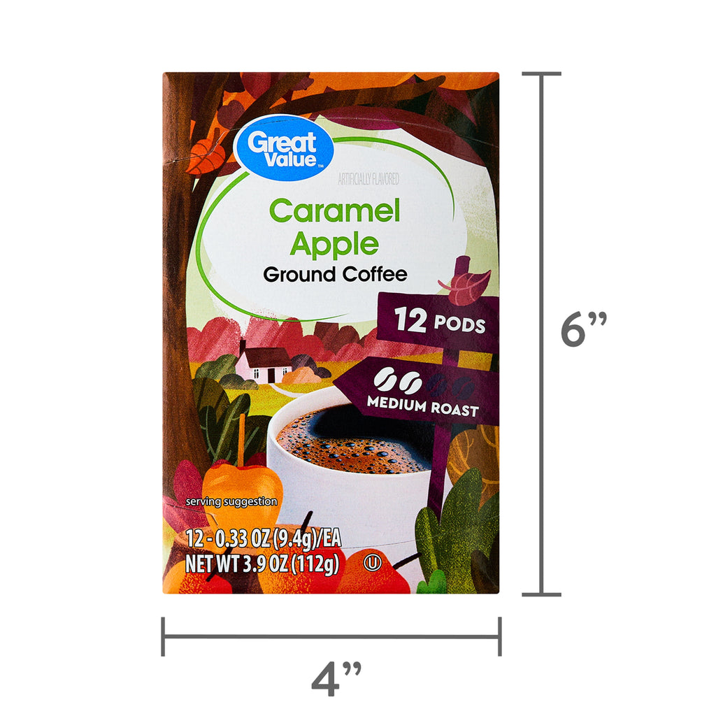 Great Value Caramel Apple Ground Coffee Pods, 3.9 oz, 12 Count